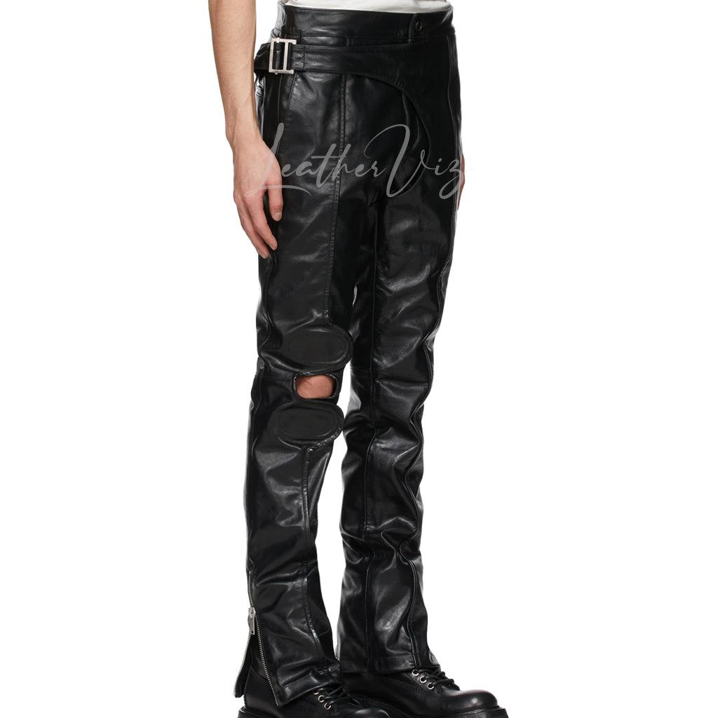 BLACK LEATHER BRACE BIKER TROUSERS FOR MEN - Image #2
