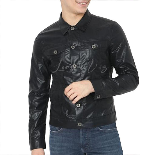 MEN BLACK REGULAR LEATHER JACKET - Image #2
