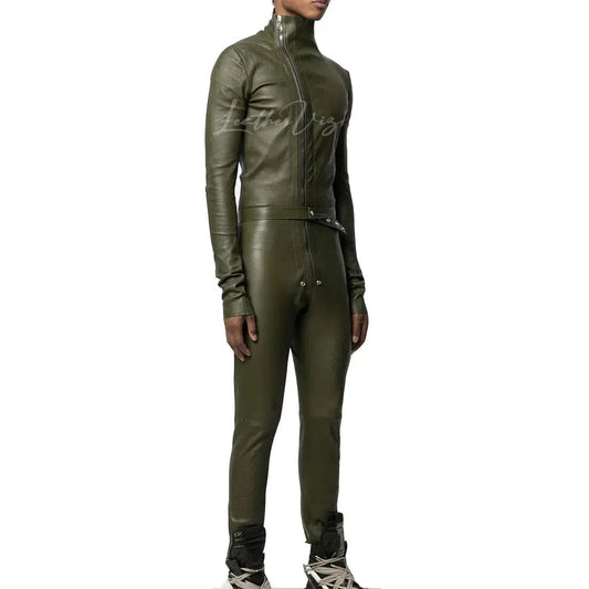 Olive leather jumpsuit for men