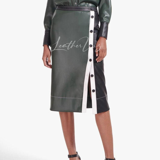 COLOR BLOCK STYLE WOMEN LEATHER SKIRT - Image #1