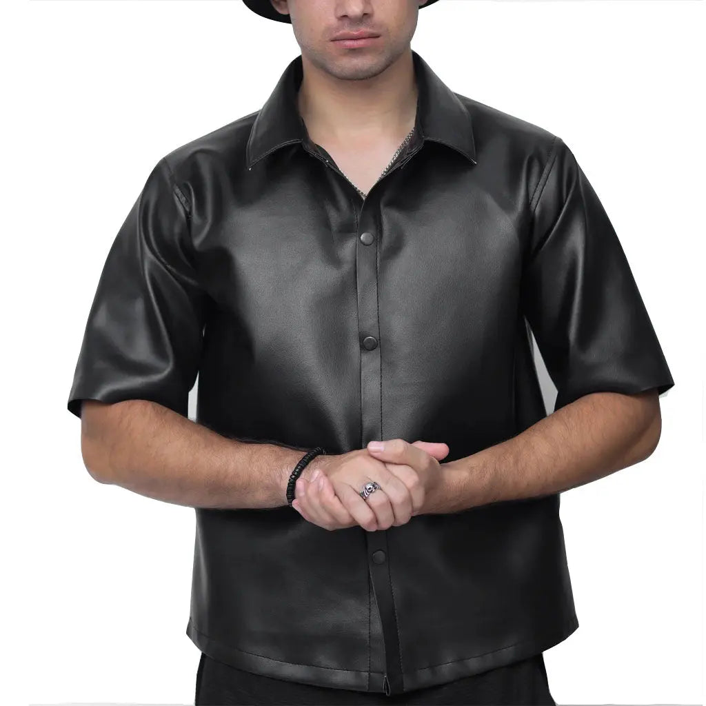 Men Short Sleeves Leather Shirt - Image #4
