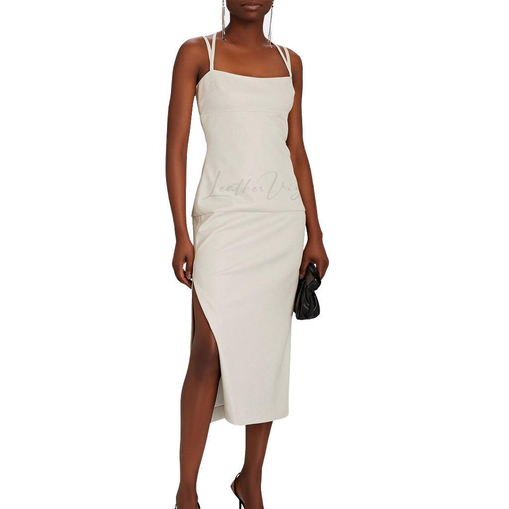 DOUBLE STRAP WOMEN WHITE LEATHER MIDI DRESS- WHITE LEATHER GOWN – LeatherViz