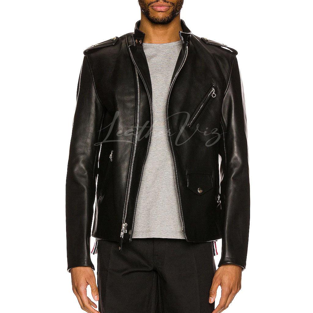 MEN BLACK RACER LEATHER JACKET - Image #2