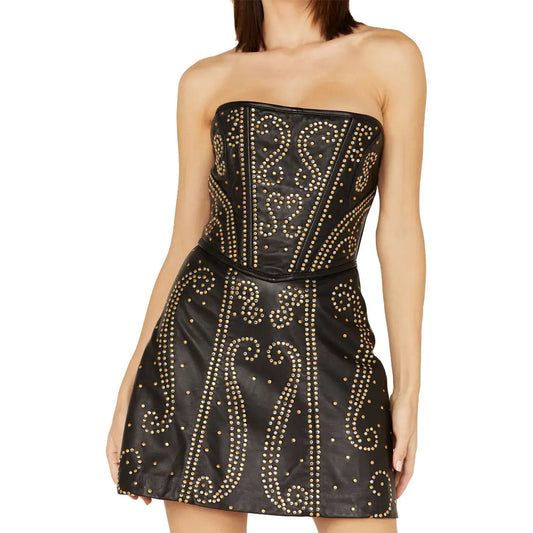 Studded Leather Solid Party Cocktail Dress