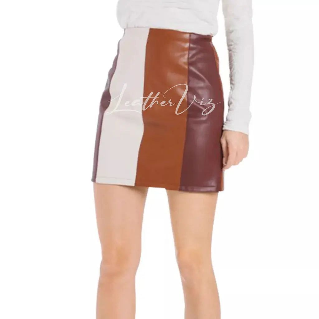 COLOR BLOCK STRIPED WOMEN MINI LEATHER SKIRT - Image #2