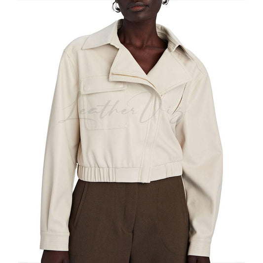 ASYMMETRIC WOMEN WHITE LEATHER BOMBER JACKET