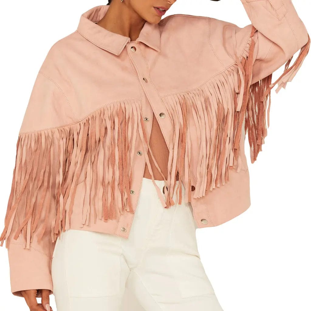 Ladies Fringed Pink Suede Leather Motorcycle Jacket - Image #3