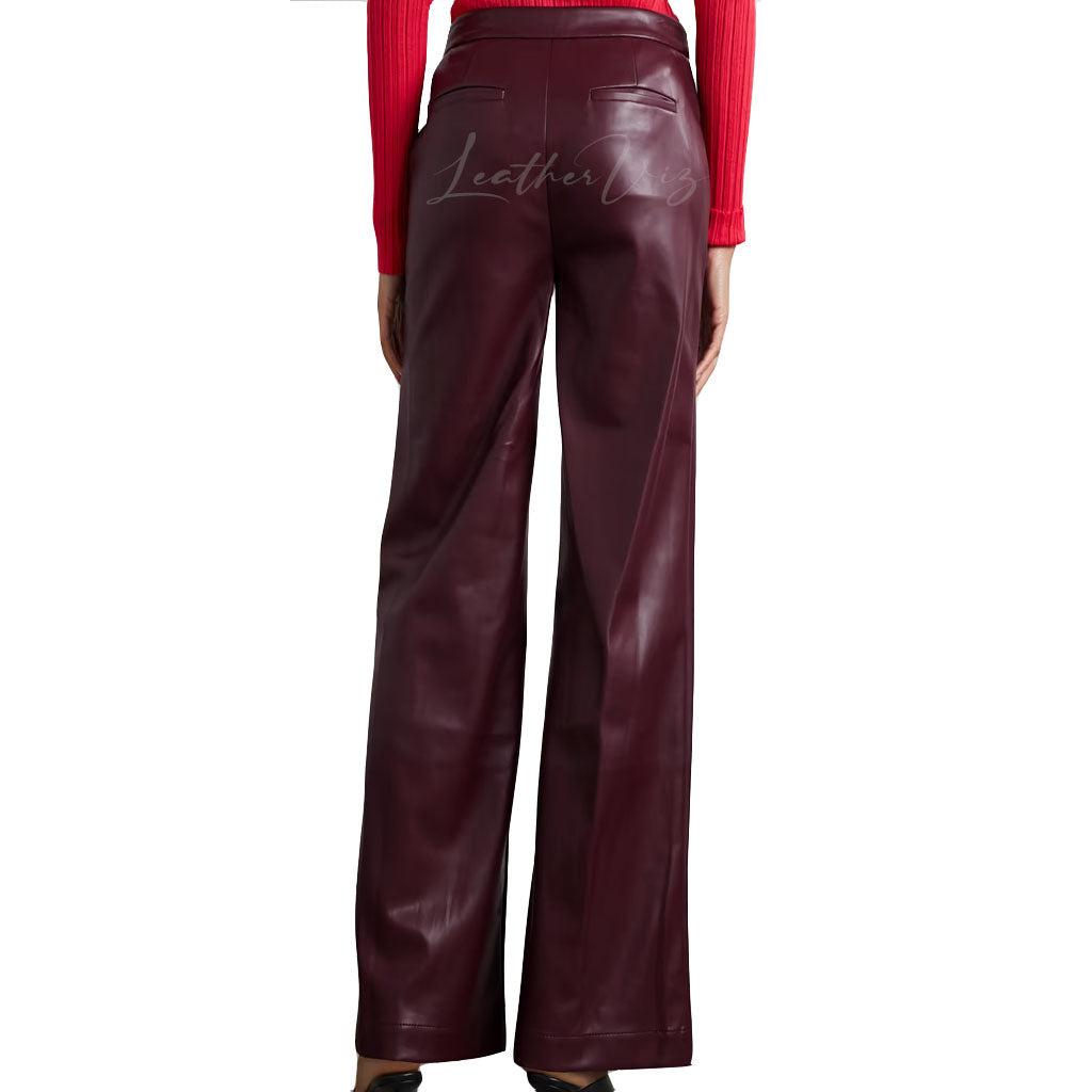 BURGUNDY ASYMMETRIC CLOSURE WIDE LEATHER PANTS - Image #3