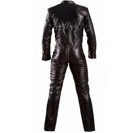 ZIPPER FRONT MEN BLACK LEATHER JUMPSUIT - Image #2