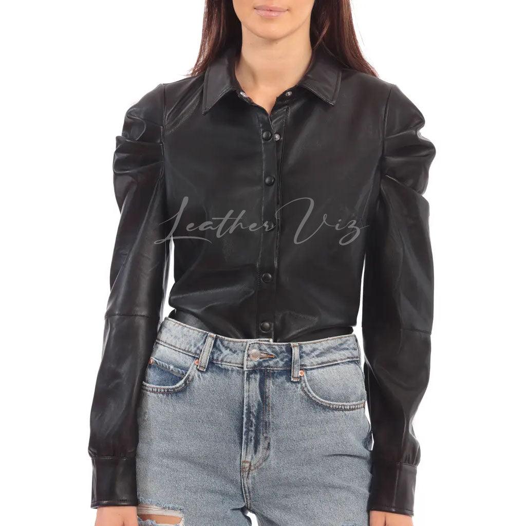 CHIC PUFF SLEEVE BLACK LEATHER SHIRT - Image #3
