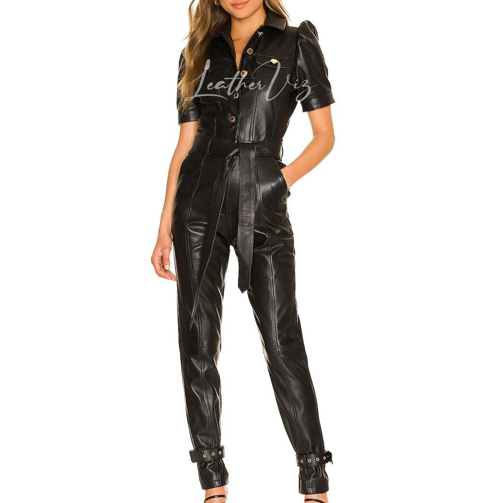 PUFF SLEEVES WOMEN BLACK LEATHER JUMPSUIT - Image #1