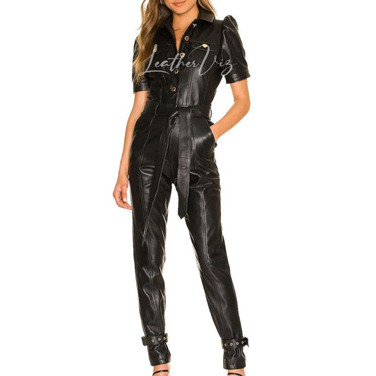 PUFF SLEEVES WOMEN BLACK LEATHER JUMPSUIT - Image #1