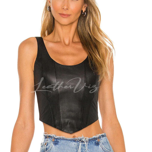 ASYMMETRIC HEM WOMEN CROPPED LEATHER TOP - Image #1