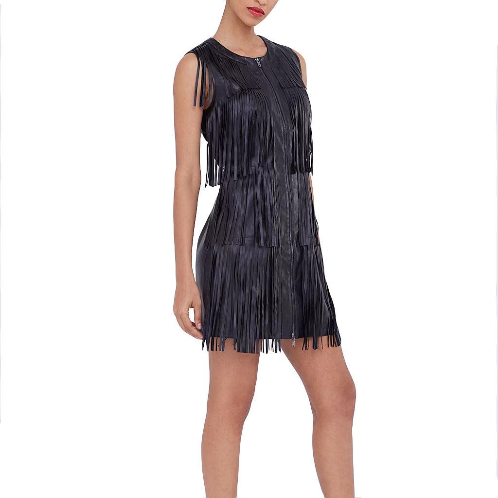 Leather Fringe Dress For Carnival | Women Party Leather Dress  LeatherViz