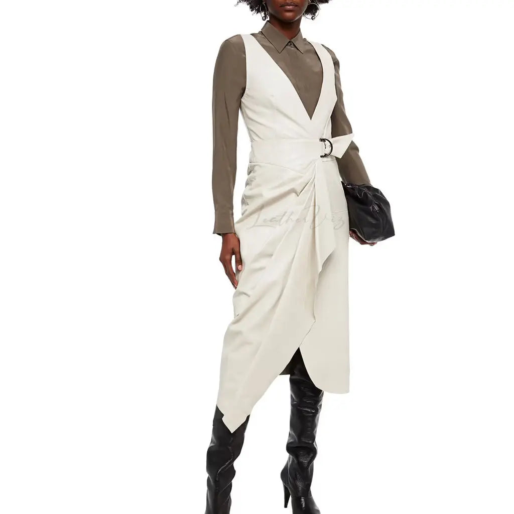 VALENTINE’S DAY DRESS UP WITH WHITE ASYMMETRIC LEATHER MIDI DRESS - Image #3