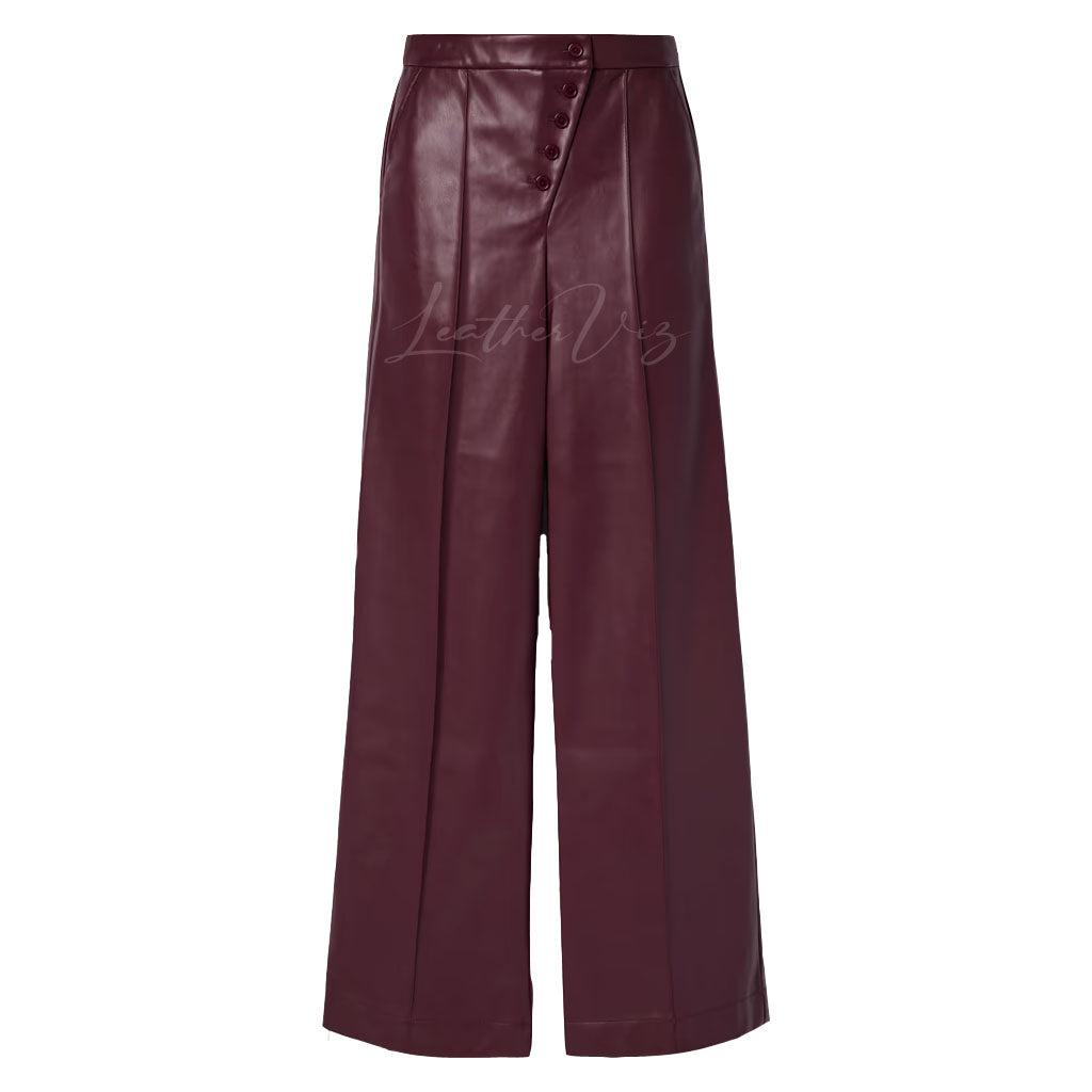 BURGUNDY ASYMMETRIC CLOSURE WIDE LEATHER PANTS - Image #2