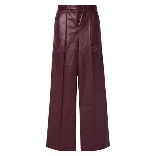 BURGUNDY ASYMMETRIC CLOSURE WIDE LEATHER PANTS - Image #2