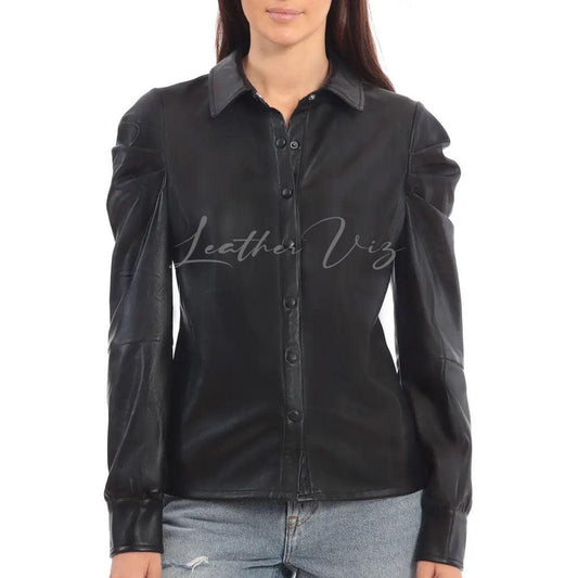 CHIC PUFF SLEEVE BLACK LEATHER SHIRT - Image #2