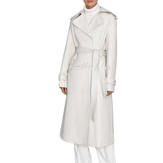 Women’s White Leather Trench Coat – Sophisticated Elegance