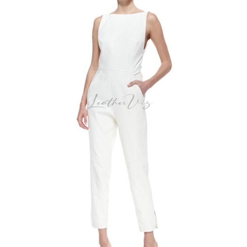 BACK BOW WOMEN WHITE LEATHER JUMPSUIT - Image #1