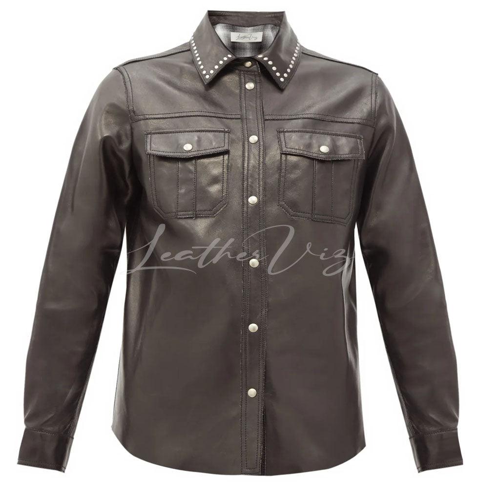 STUDDED COLLAR WOMEN LEATHER SHIRT