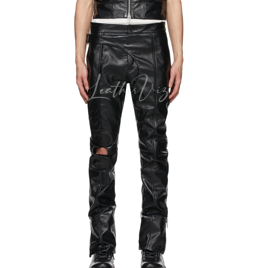 BLACK LEATHER BRACE BIKER TROUSERS FOR MEN