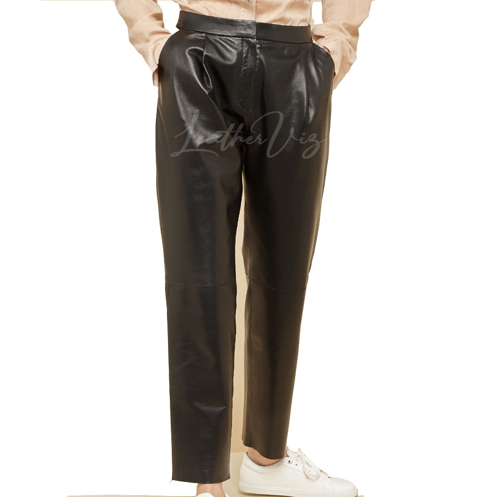BLACK PLEATED LEATHER TROUSERS FOR WOMEN