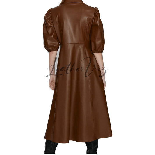 Women's Button-front leather midi dress with puff sleeves and flared skirt