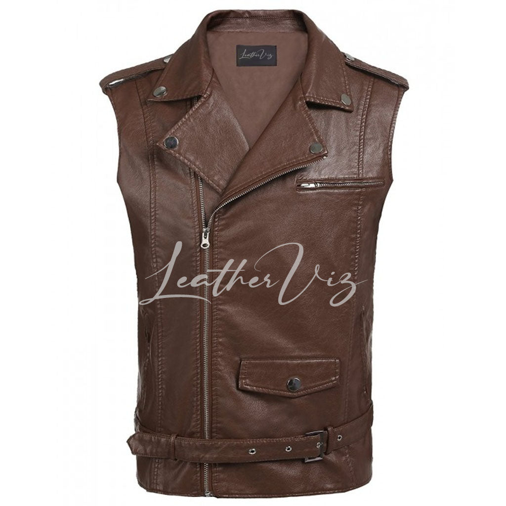 BROWN MEN MOTO LEATHER VEST