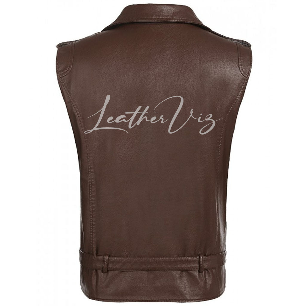 BROWN MEN MOTO LEATHER VEST