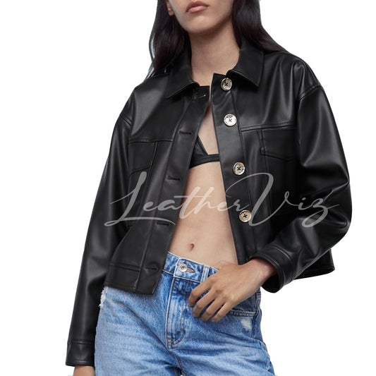 Button Up Front Women Leather Jacket