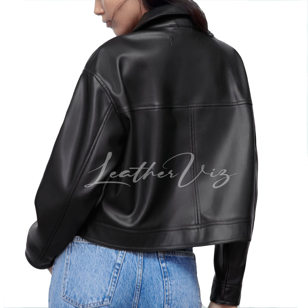 Button Up Front Women Leather Jacket