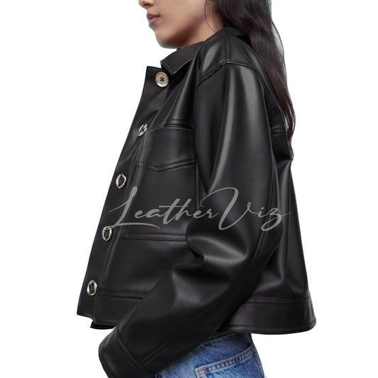 Button Up Front Women Leather Jacket