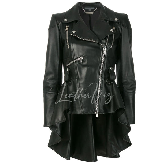 Black Peplum Waist Biker Leather Jacket For Women