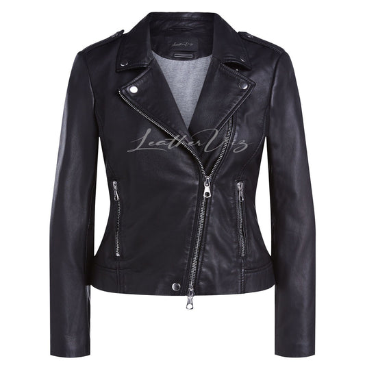 Classic Black Biker Leather Jacket For Women