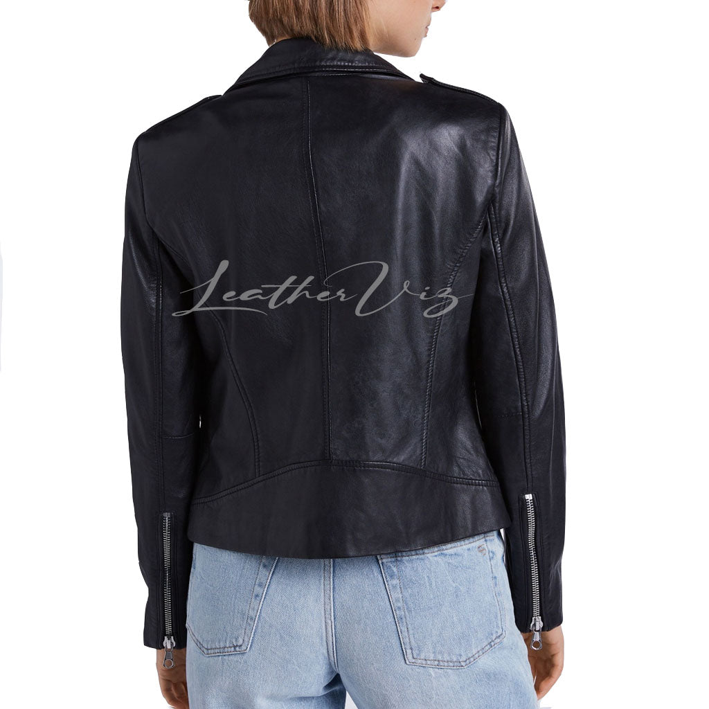 Classic Black Biker Leather Jacket For Women