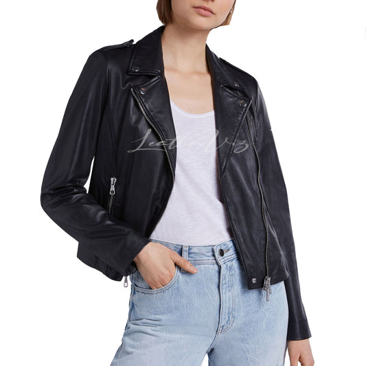 Classic Black Biker Leather Jacket For Women