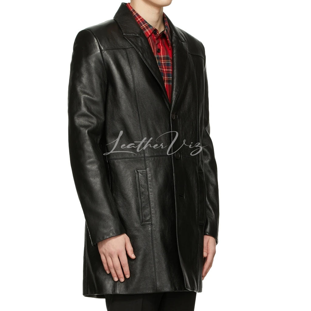 CLASSIC STYLE LONG LEATHER COAT FOR MEN