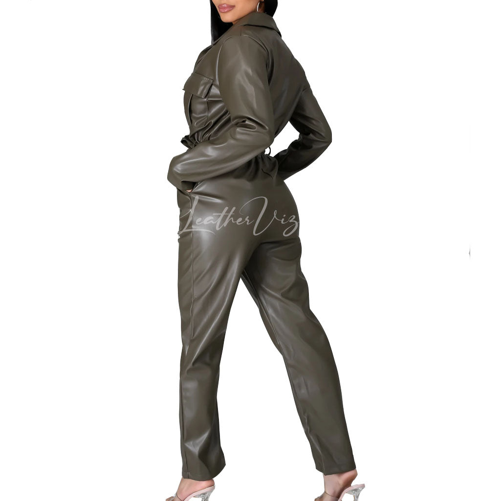 Collar Neck Women Leather Jumpsuit