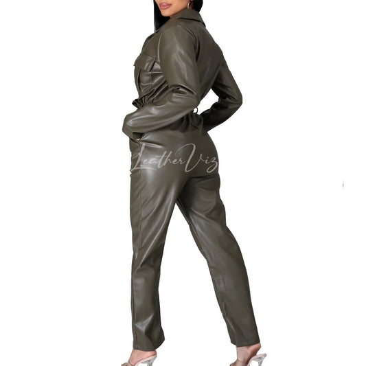 Collar Neck Women Leather Jumpsuit