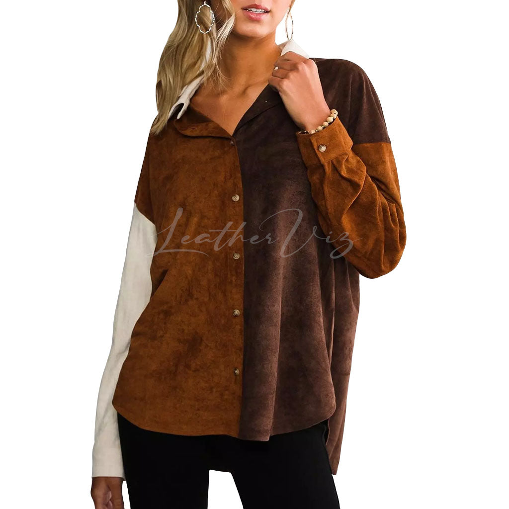 COLOR BLOCK WOMEN SUEDE LEATHER SHIRT