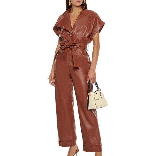 Concealed Snap Women Leather Jumpsuit