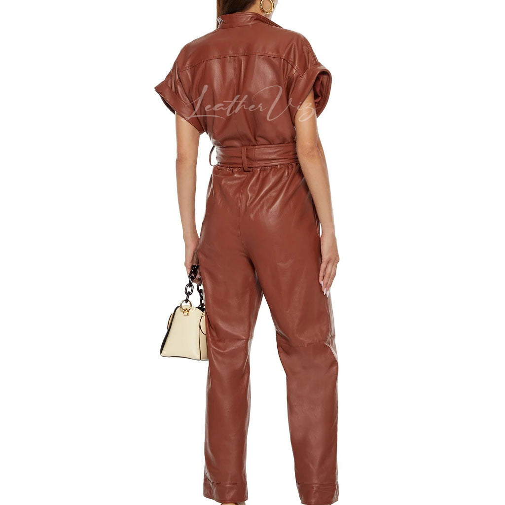 Concealed Snap Women Leather Jumpsuit
