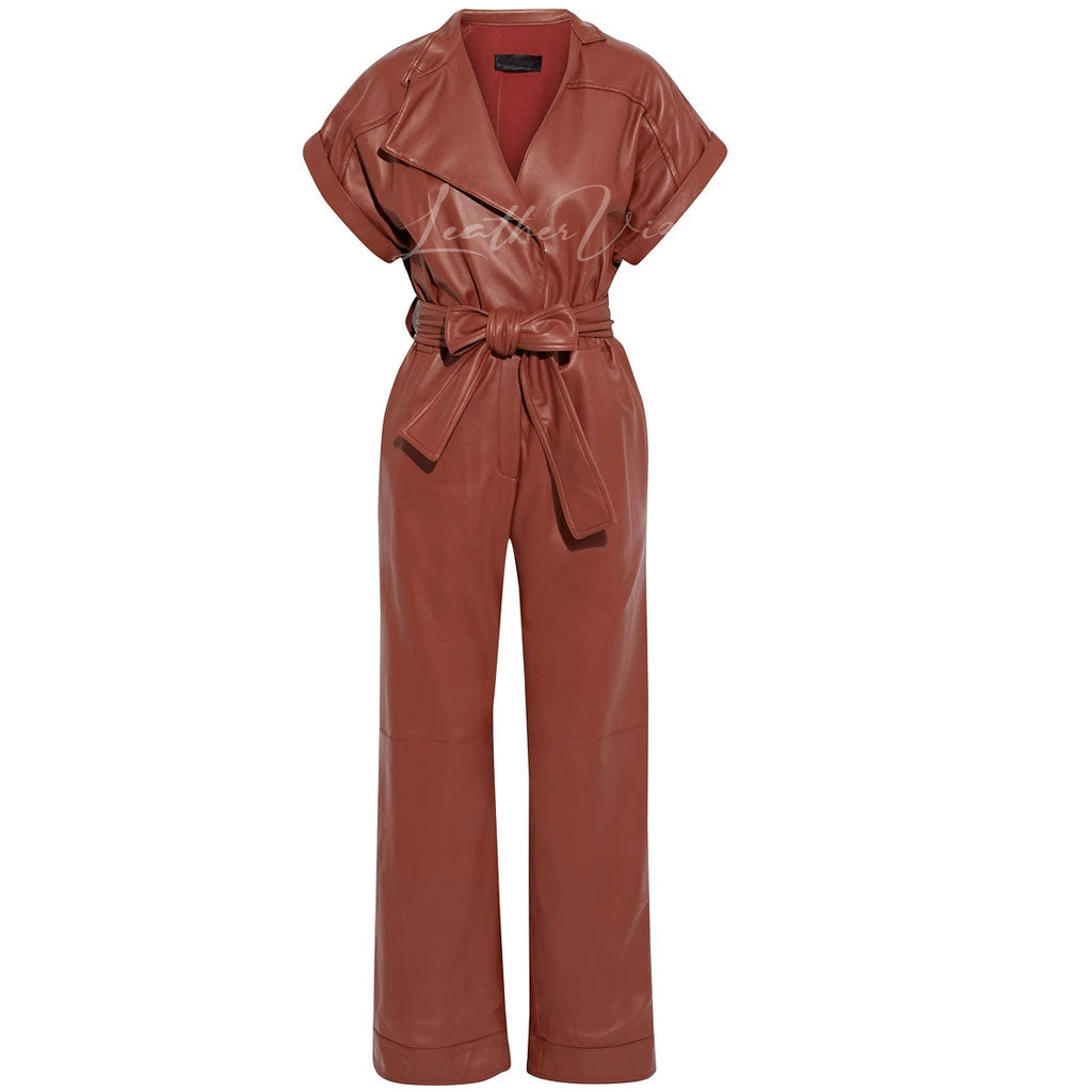 Concealed Snap Women Leather Jumpsuit