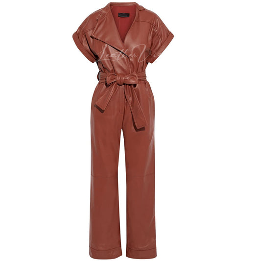 Concealed Snap Women Leather Jumpsuit