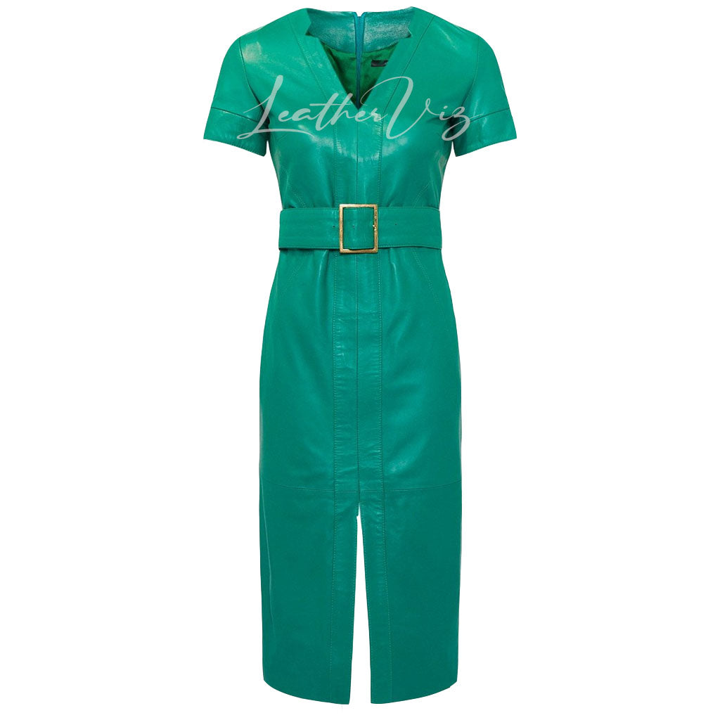 Corporate Style Leather Short Sleeve Pencil Dress