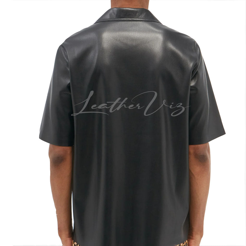 CUBAN COLLAR SHORT SLEEVES WOMEN FAUX LEATHER SHIRT