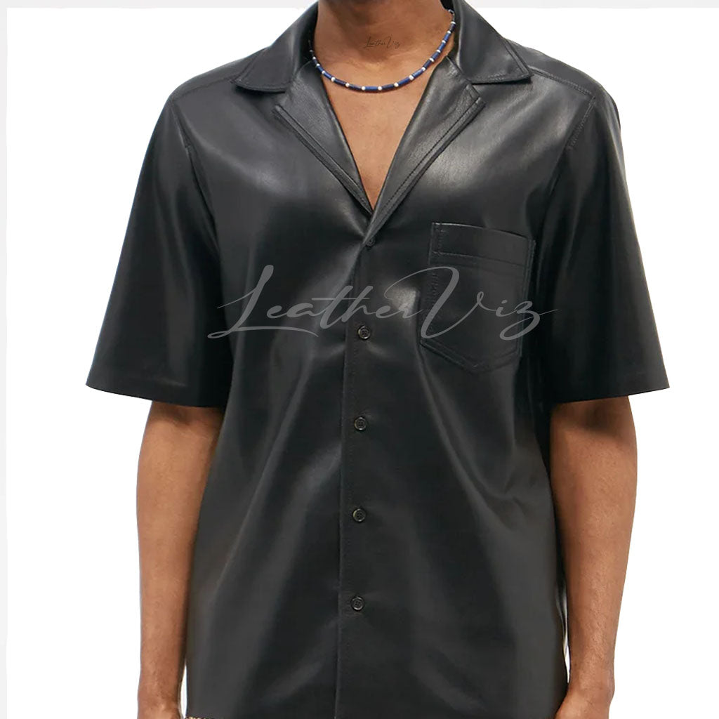 CUBAN COLLAR SHORT SLEEVES WOMEN FAUX LEATHER SHIRT