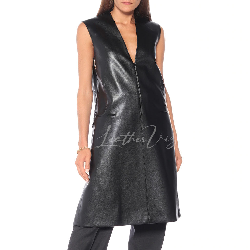 Deep Neckline Women Leather Dress