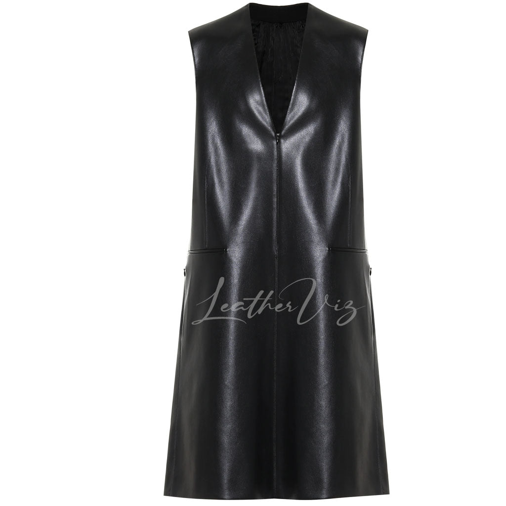 Deep Neckline Women Leather Dress